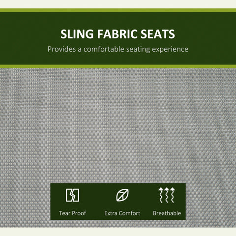 Gray woven sling fabric seats on outsunny three person steel frame outdoor porch swing with adjustable canopy cover