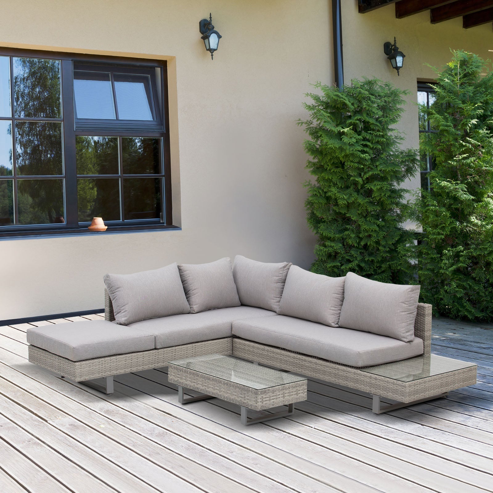Modern gray wicker three person sofa and matching glass-top coffee table from outsunny three piece rattan set