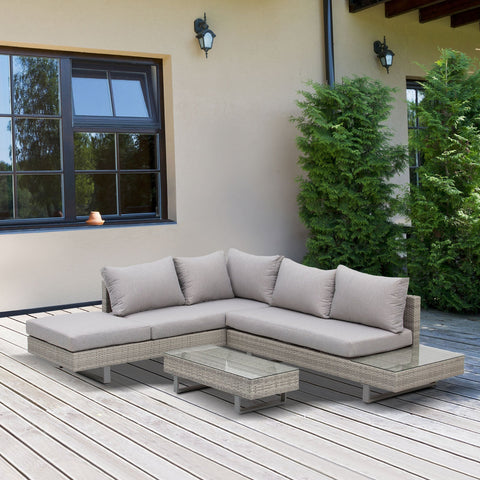 Modern gray wicker three person sofa and matching glass-top coffee table from outsunny three piece rattan set