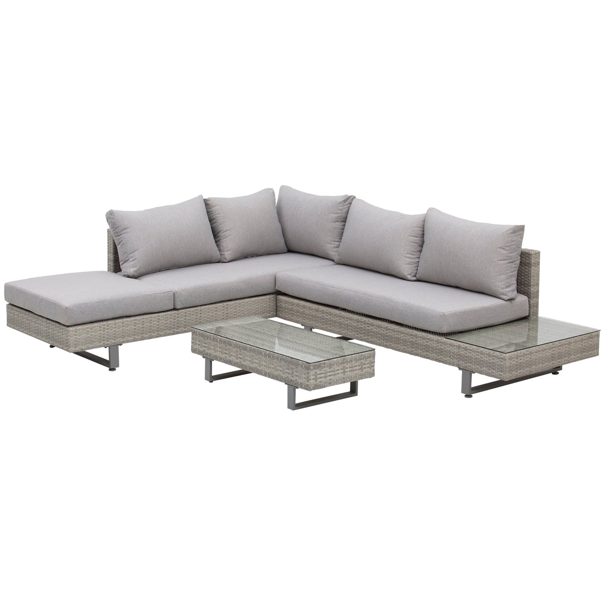 Outsunny three-piece corner rattan set with gray woven wicker three person sofa and matching glass top coffee table