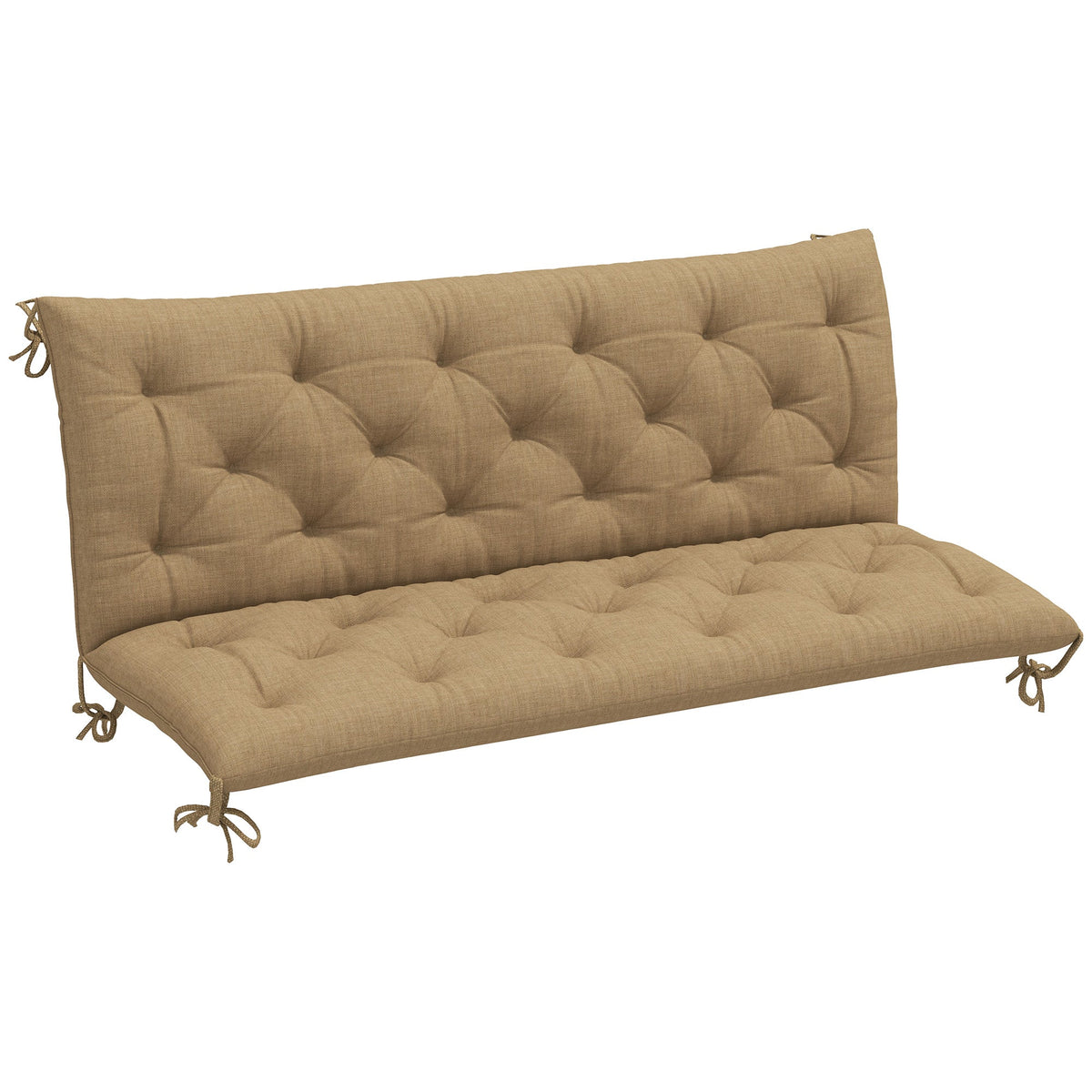 Beige tufted outsunny three-seater bench cushion with textured polyester fabric cover and tie fastenings at corners