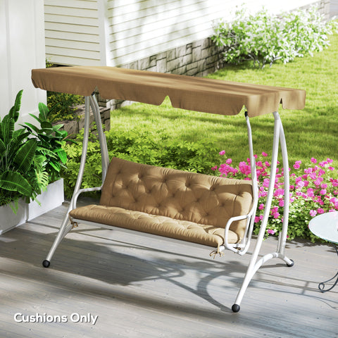 Beige tufted polyester fabric cover cushion set with tie fastenings for outsunny three-seater bench swing