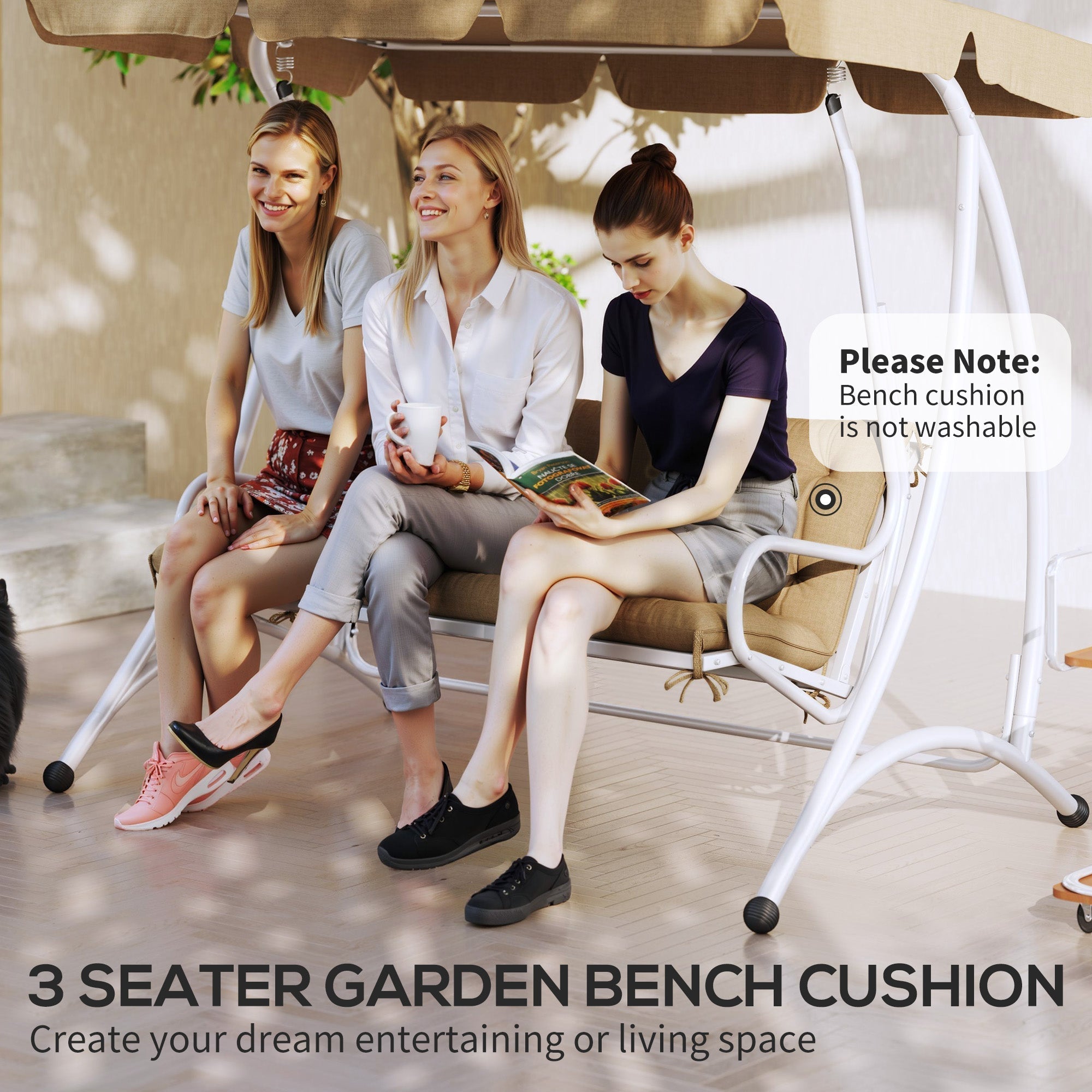 White metal frame garden swing bench with khaki fabric cover bench cushion and tie fastenings for three people
