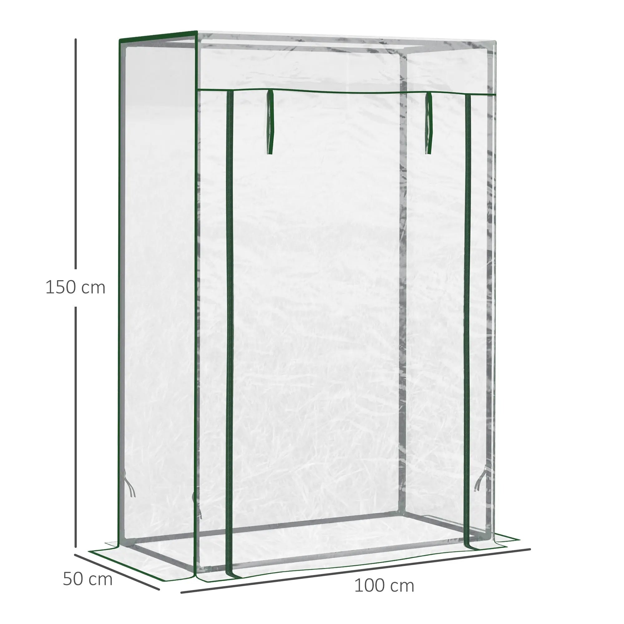 Clear plastic mini greenhouse with green trim metal frame and pvc cover for outdoor spaces like yards and balconies