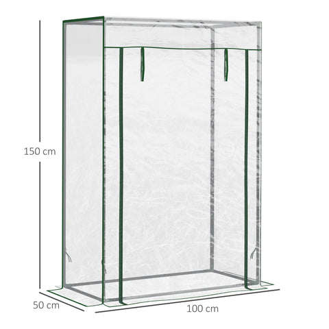 Clear plastic mini greenhouse with green trim metal frame and pvc cover for outdoor spaces like yards and balconies