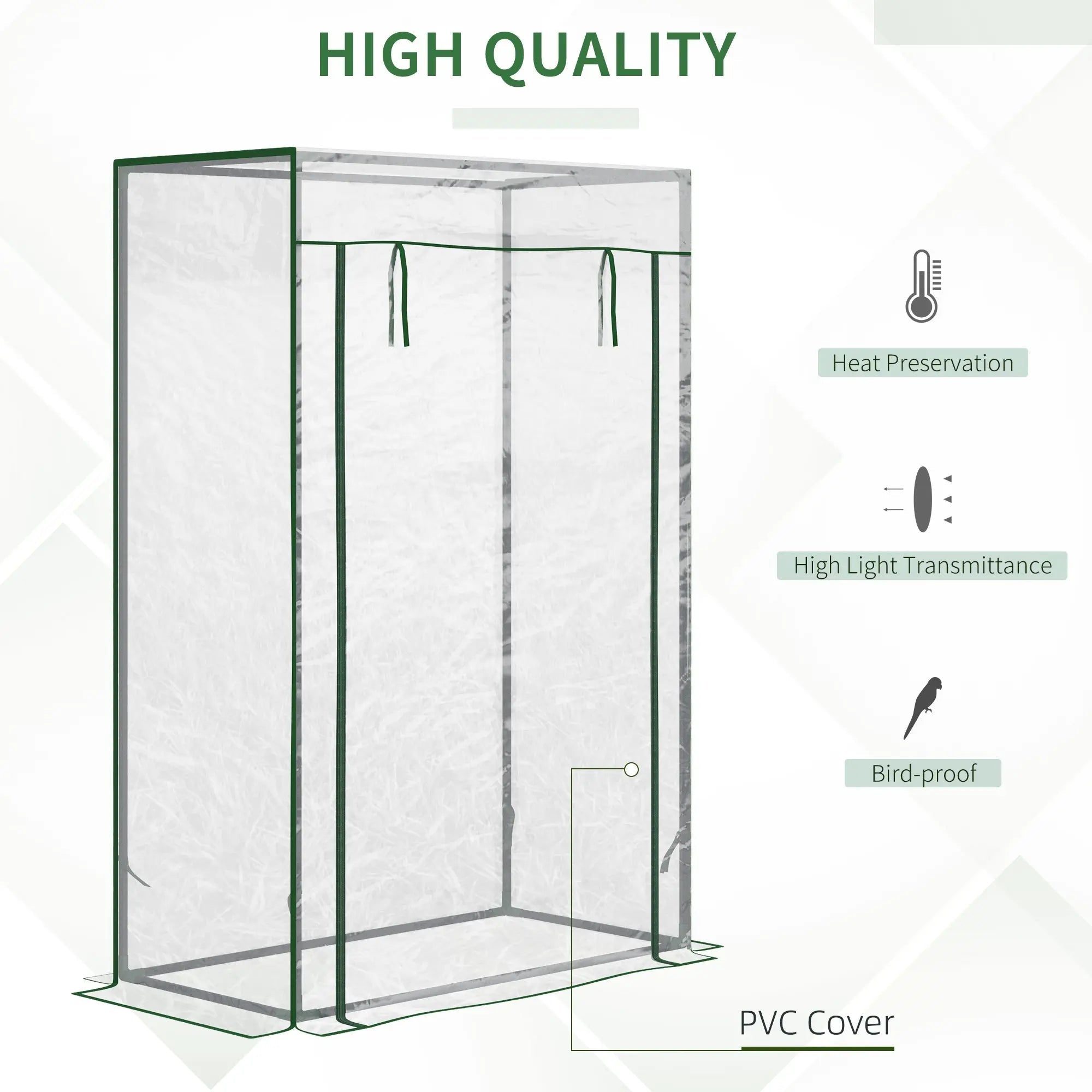Transparent mini greenhouse with green trim and pvc cover for outdoor spaces like yard balcony or garden