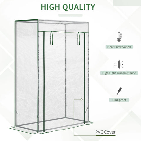 Transparent mini greenhouse with green trim and pvc cover for outdoor spaces like yard balcony or garden