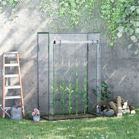 Transparent outsunny mini greenhouse with black metal frame pvc cover and roll-up door for outdoor spaces