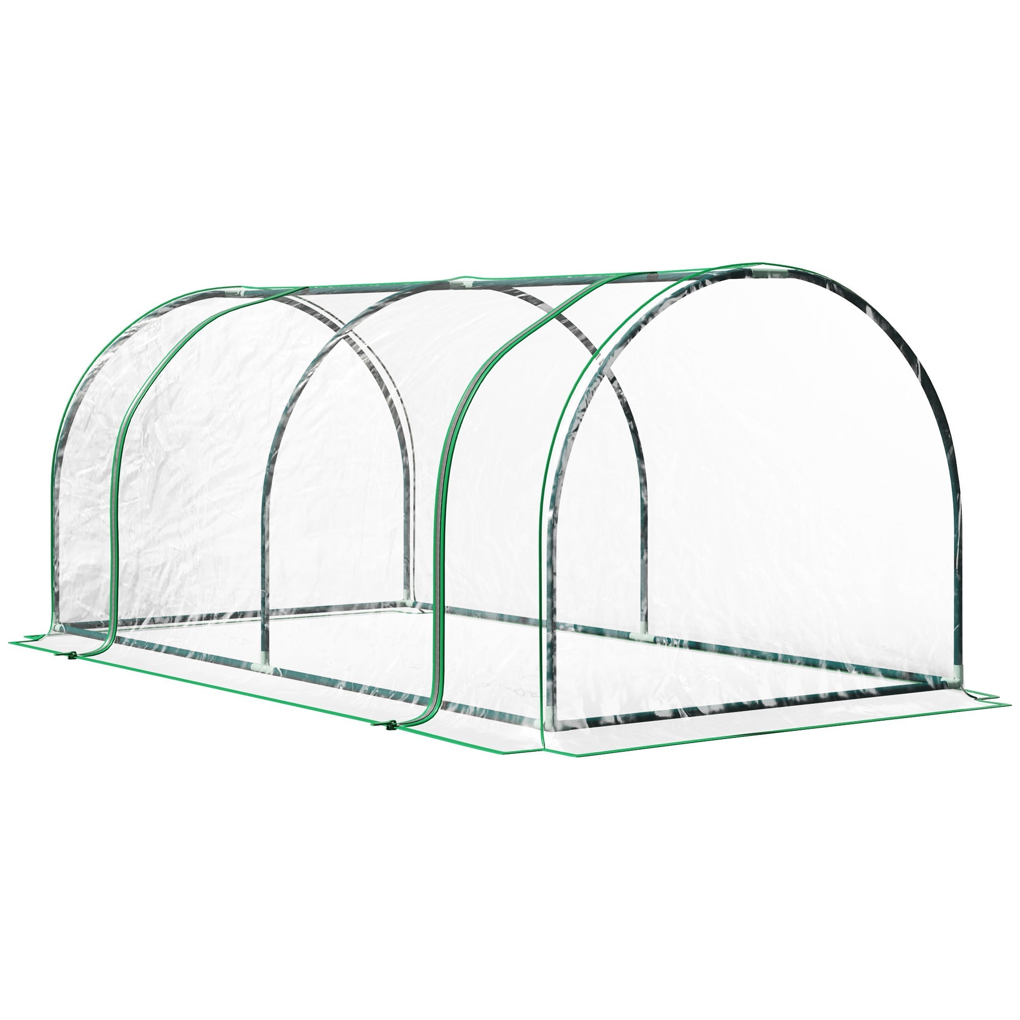 Green-framed transparent plastic tunnel greenhouse with arched structure and powder-coated steel frame for garden use