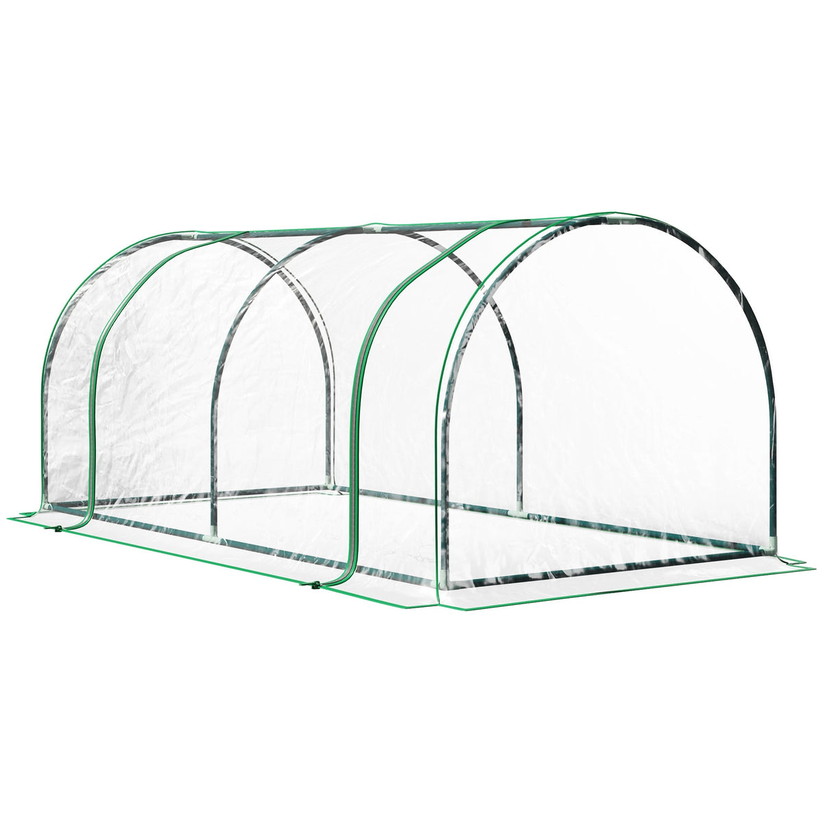 Green-framed transparent plastic tunnel greenhouse with arched structure and powder-coated steel frame for garden use
