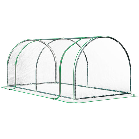Green-framed transparent plastic tunnel greenhouse with arched structure and powder-coated steel frame for garden use