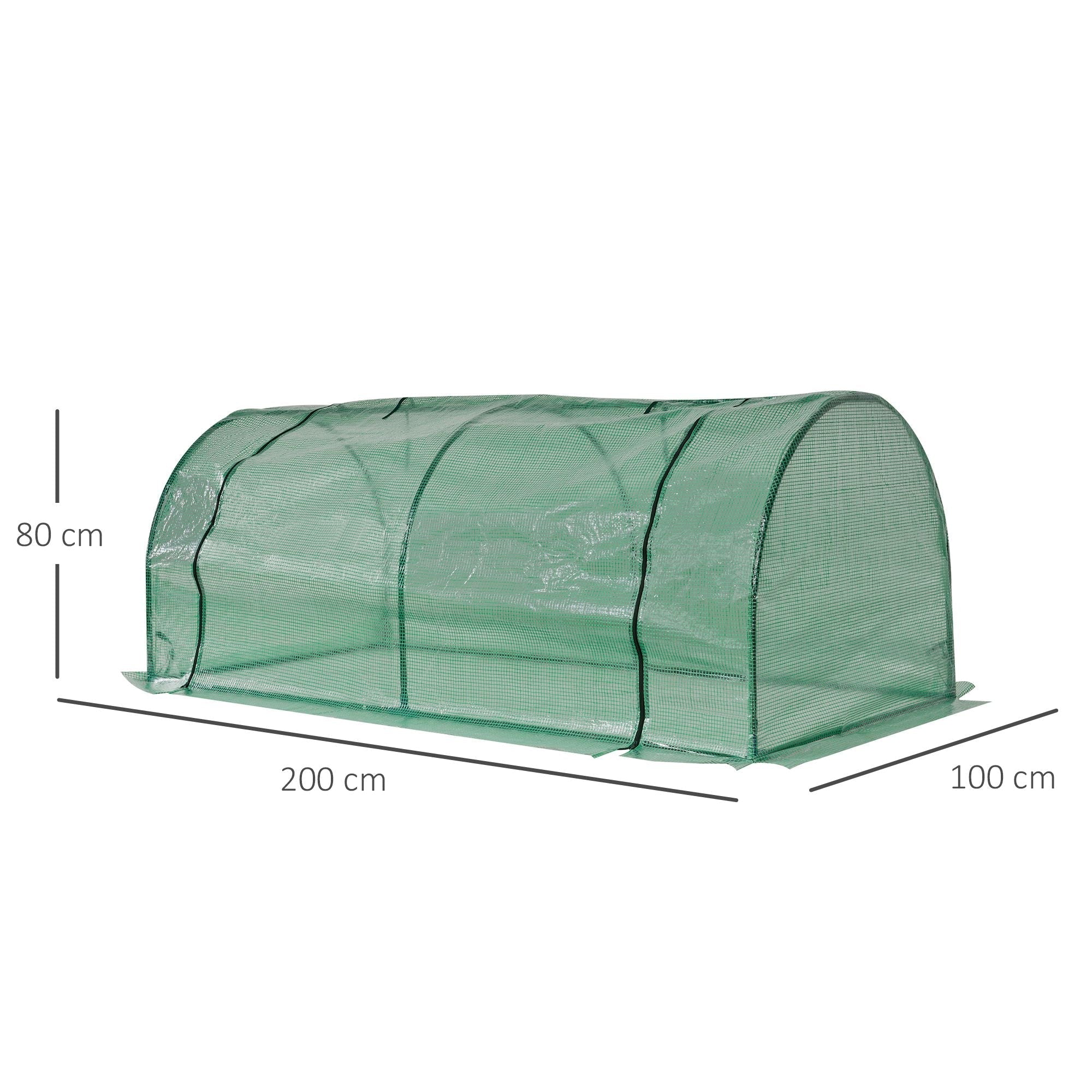 Outsunny tunnel greenhouse with green mesh cover, steel frame, arched roof, reinforced seams, and easy access design