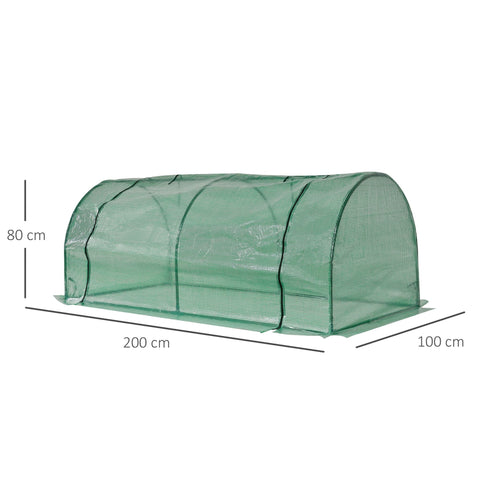 Outsunny tunnel greenhouse with green mesh cover, steel frame, arched roof, reinforced seams, and easy access design