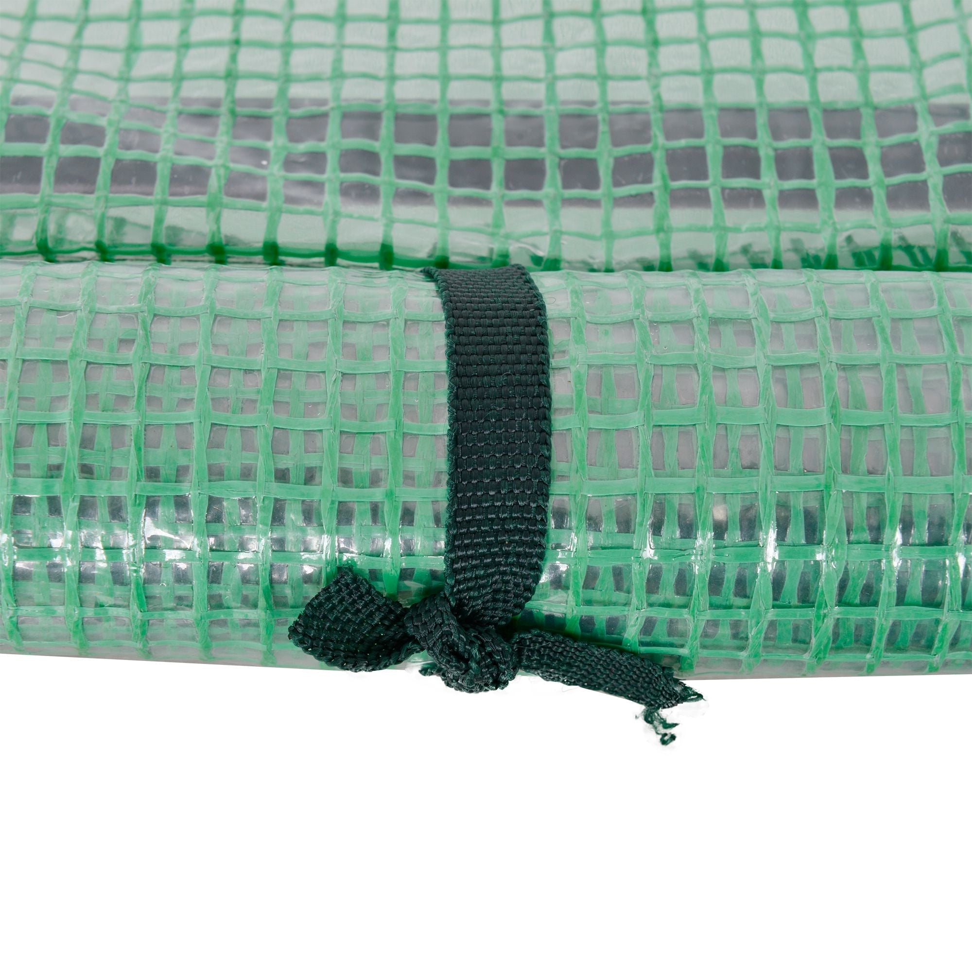 Rolled green translucent mesh tarp secured with black strap for outsunny tunnel greenhouse steel frame easy access design