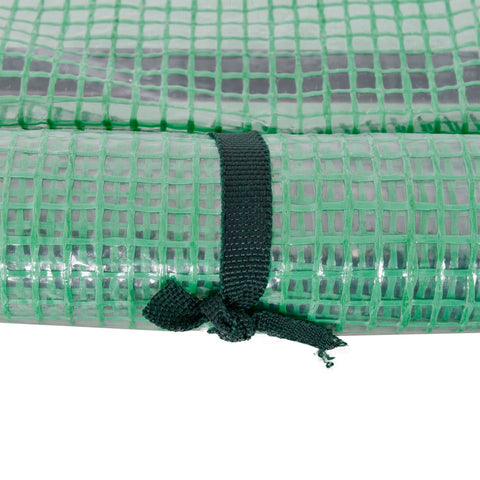 Rolled green translucent mesh tarp secured with black strap for outsunny tunnel greenhouse steel frame easy access design