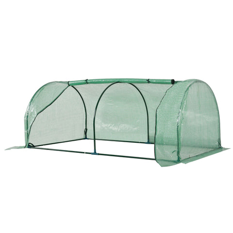 Outsunny tunnel greenhouse with green mesh, easy access, steel frame, and curved arched design for outdoor gardening