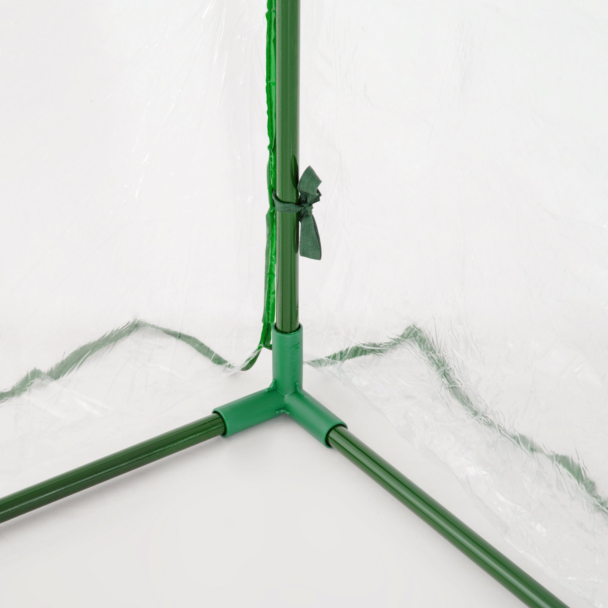 Green metal tripod stand with clear plastic cover attached to powder-coated steel frame for outdoor garden use