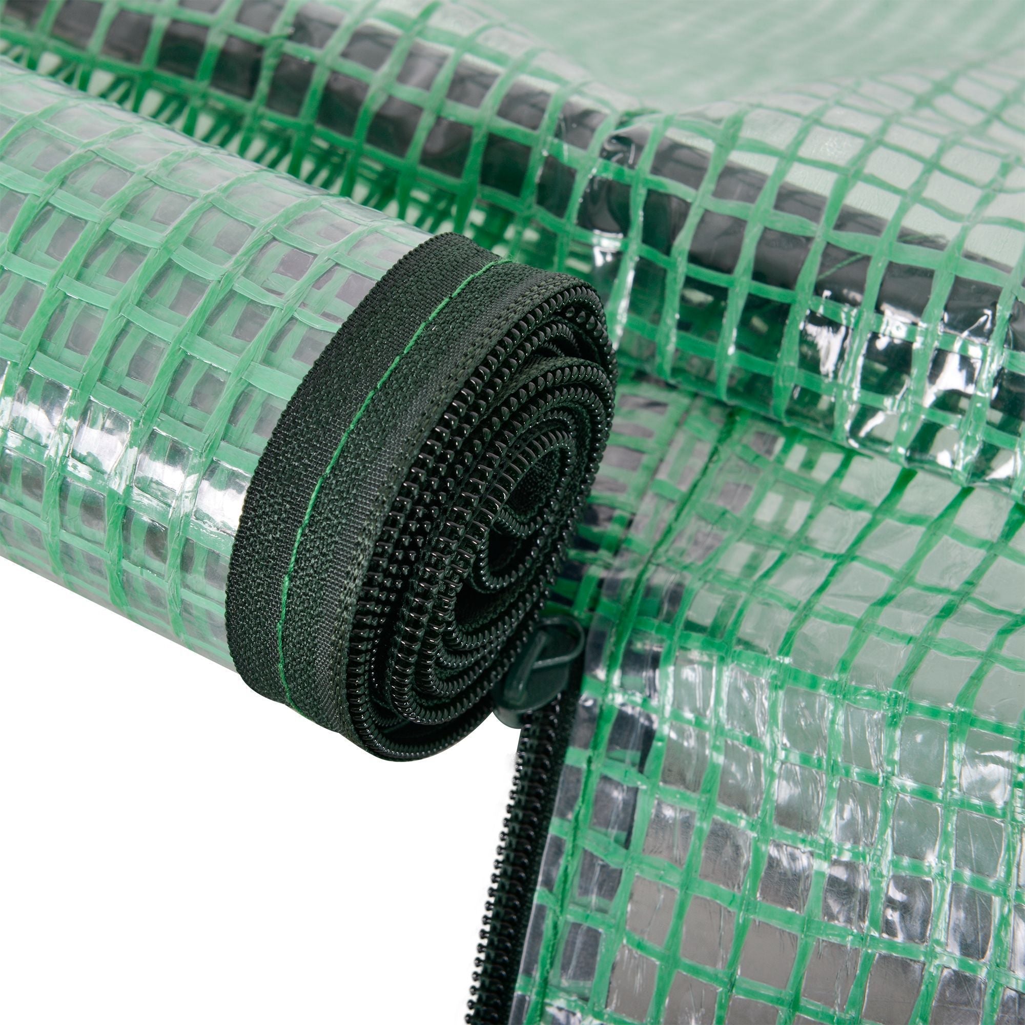 Outsunny tunnel greenhouse with green mesh tarp, transparent sections, black zipper, steel frame, and easy access design