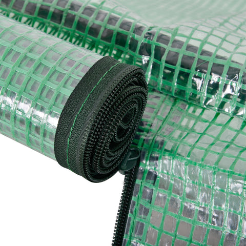 Outsunny tunnel greenhouse with green mesh tarp, transparent sections, black zipper, steel frame, and easy access design
