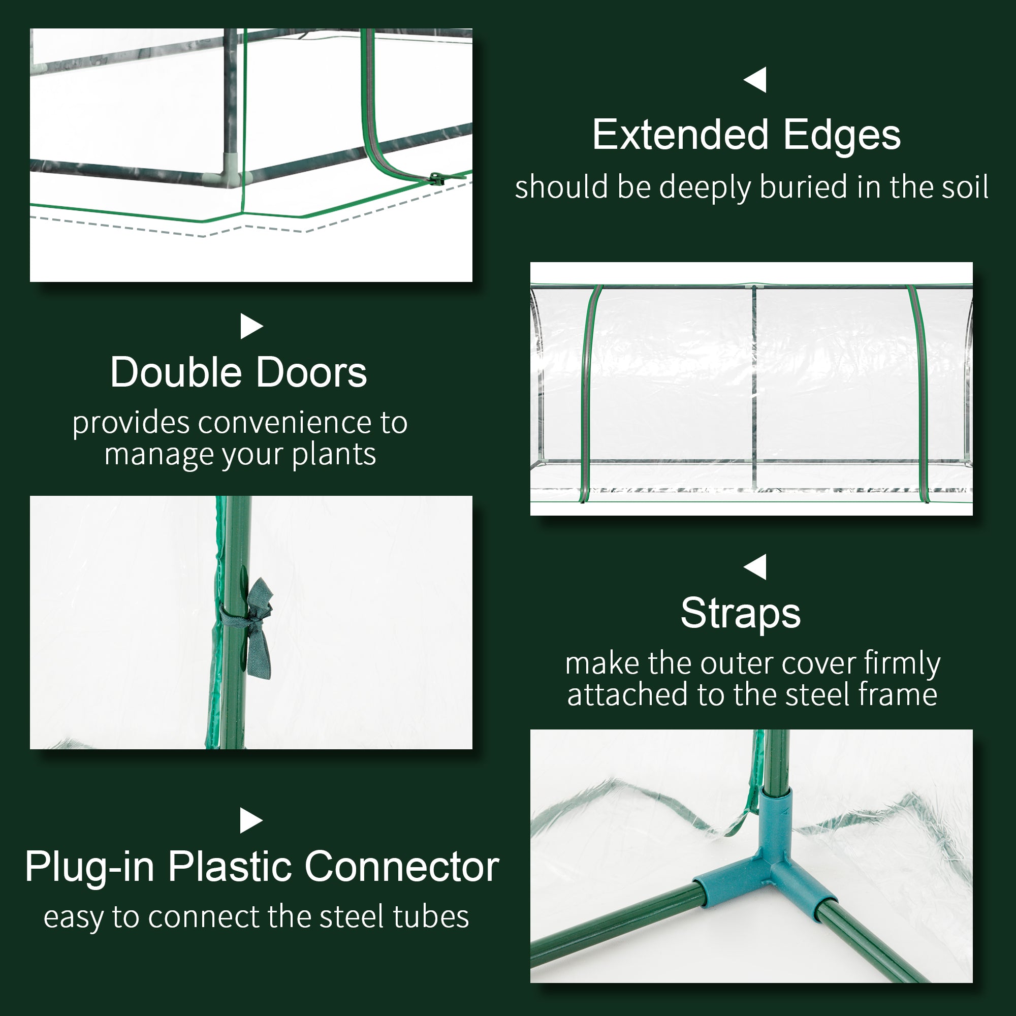 Outsunny tunnel greenhouse with green powder-coated steel frame transparent pe cover and plug-in connector system