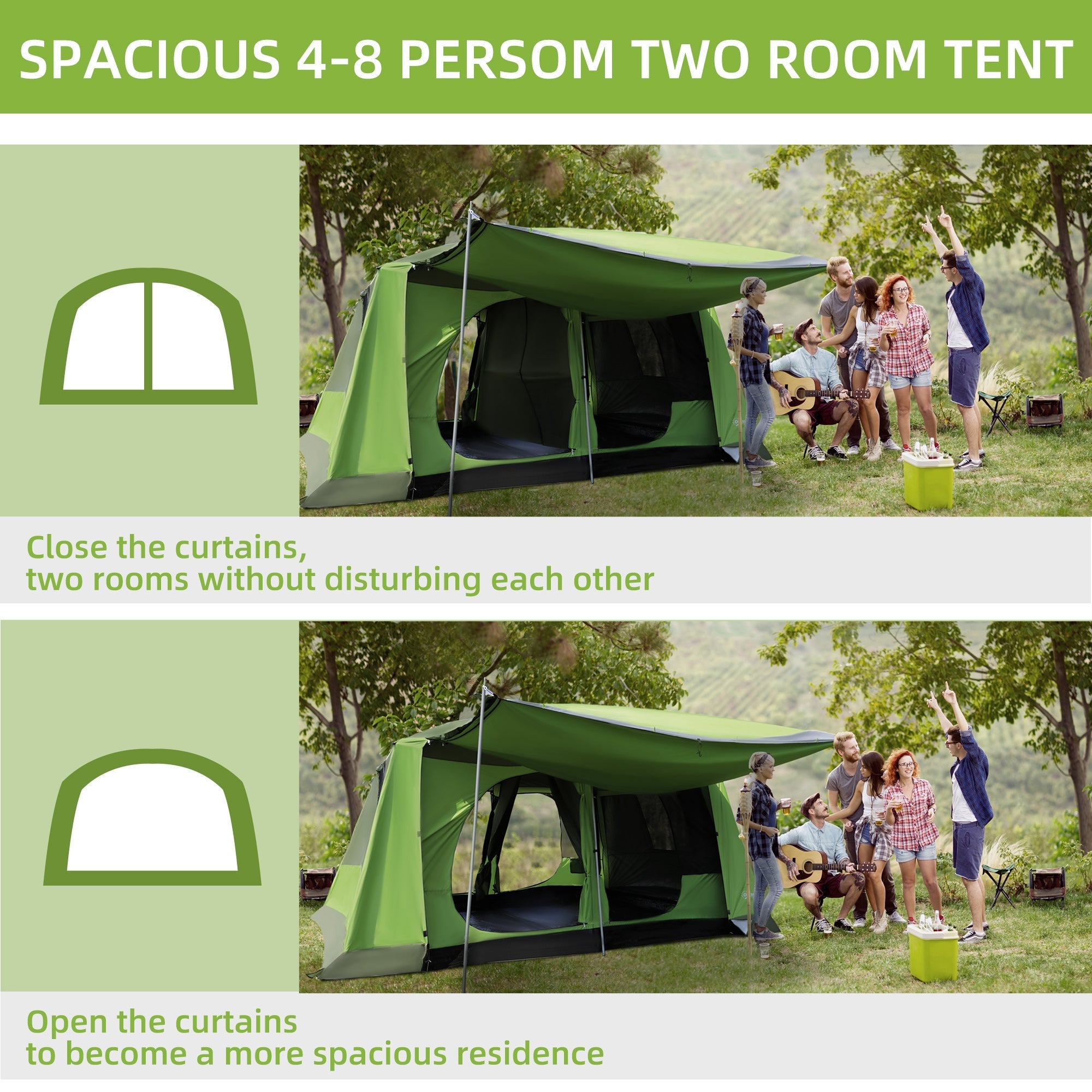 Green outsunny tunnel tent with two fabric rooms and windows for 4-8 people includes portable carrying bag storage bag