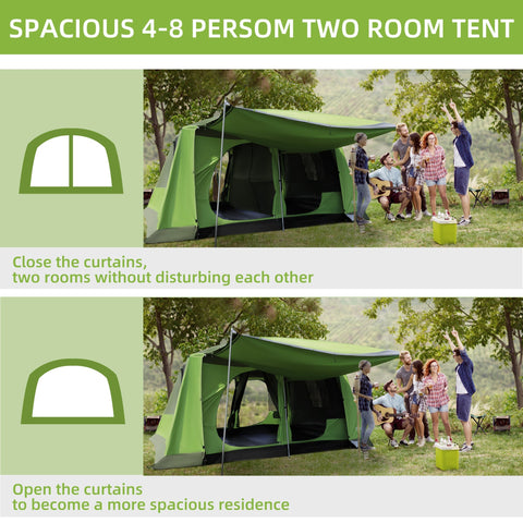 Green outsunny tunnel tent with two fabric rooms and windows for 4-8 people includes portable carrying bag storage bag
