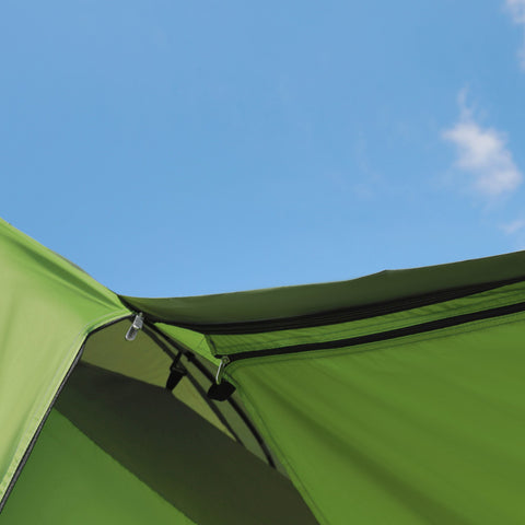 A vibrant lime green outsunny tunnel tent with black zippers and metal clips includes a portable carrying bag for easy storage