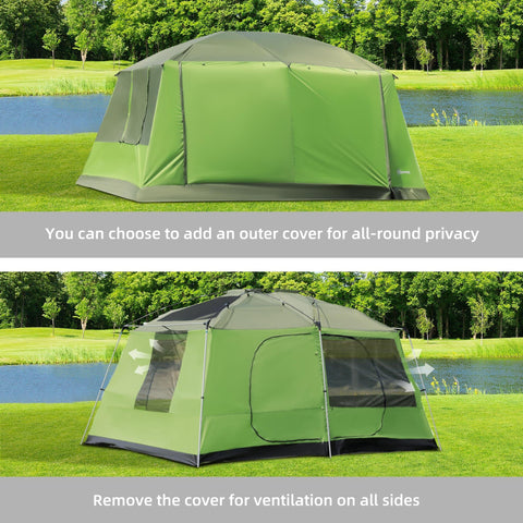 Outsunny green and gray tunnel tent with mesh side panel and portable storage bag for easy carrying and camping shelter