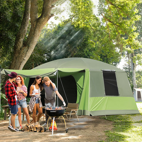 Green and olive outsunny tunnel tent camping shelter with mesh window panel two rooms and portable carrying bag