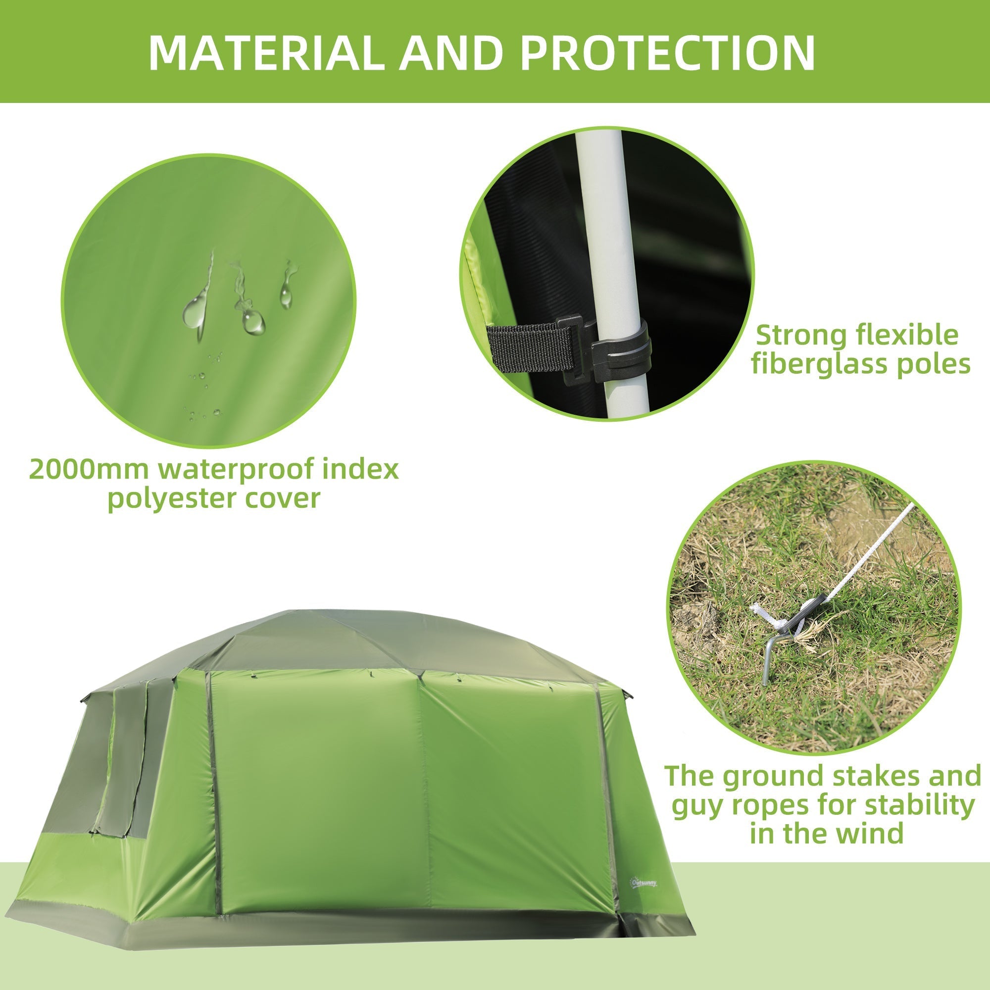 Outsunny green waterproof polyester tunnel tent with fiberglass poles, ground stakes, porch, and storage bag for camping