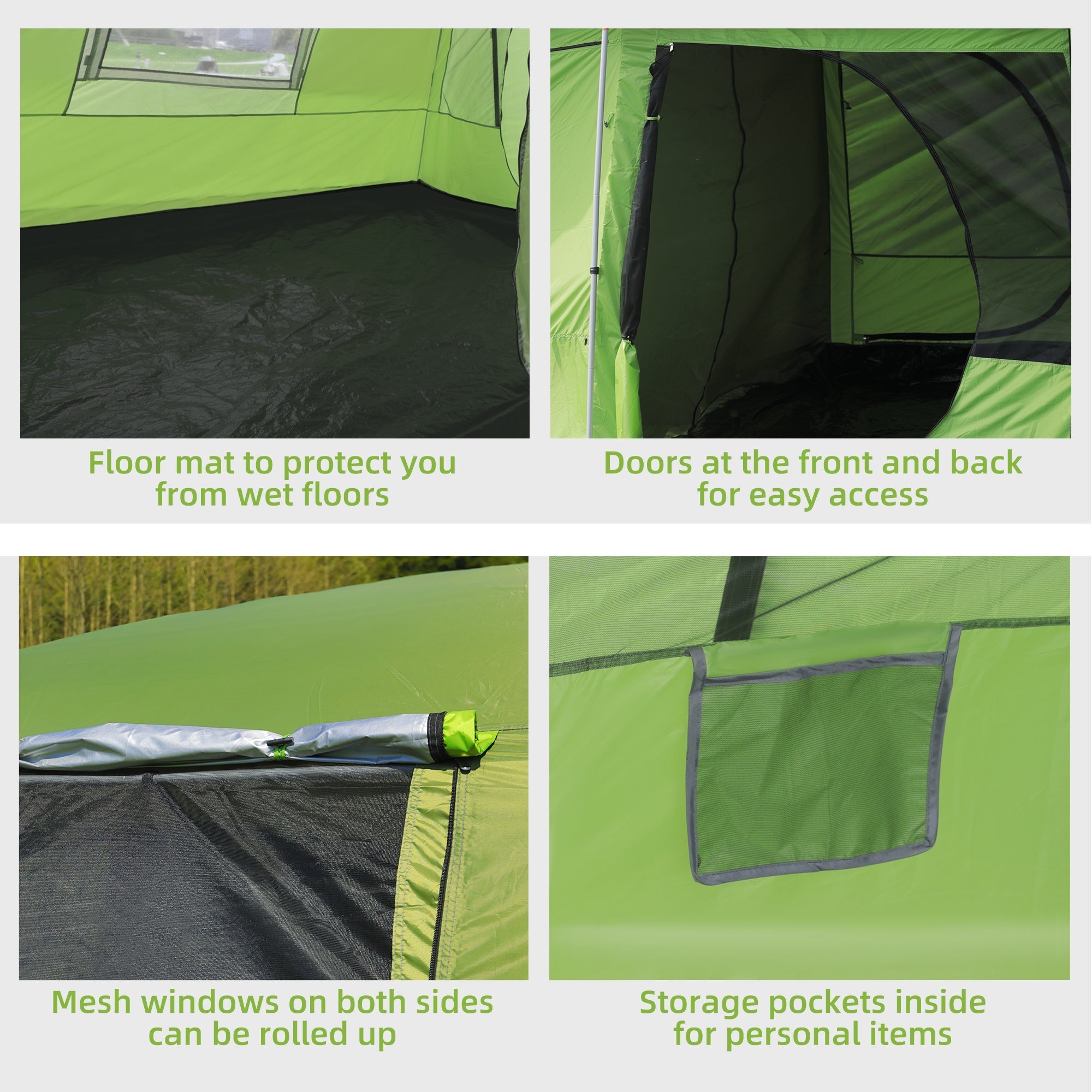 Bright lime green outsunny tunnel tent with porch and mesh windows includes front and back doors and portable carrying bag