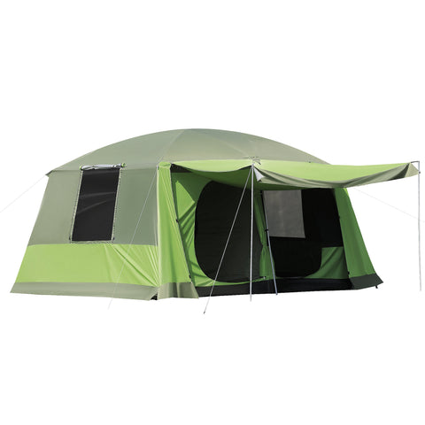 A spacious two-tone green and olive outsunny tunnel tent with porch two rooms lamp hook and portable carrying bag