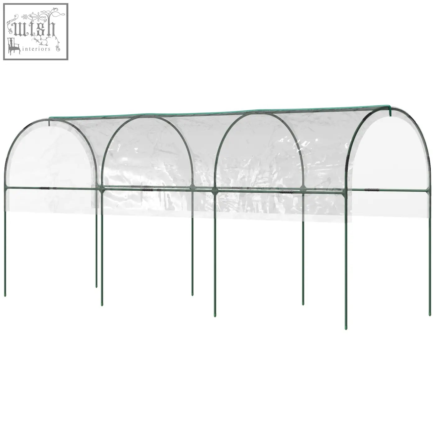 Green metal steel frame tomato greenhouse with clear plastic cover 4 hoops top tap and guy ropes outdoors
