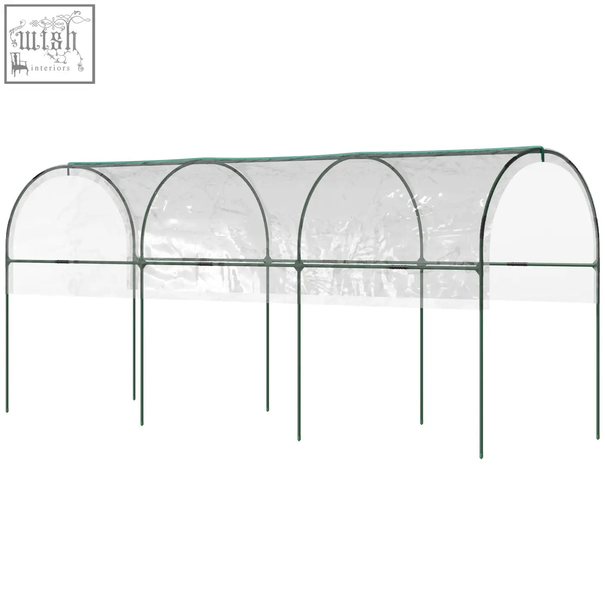 Green metal steel frame tomato greenhouse with clear plastic cover 4 hoops top tap and guy ropes outdoors
