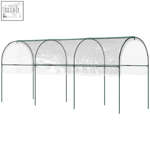 Green metal steel frame tomato greenhouse with clear plastic cover 4 hoops top tap and guy ropes outdoors