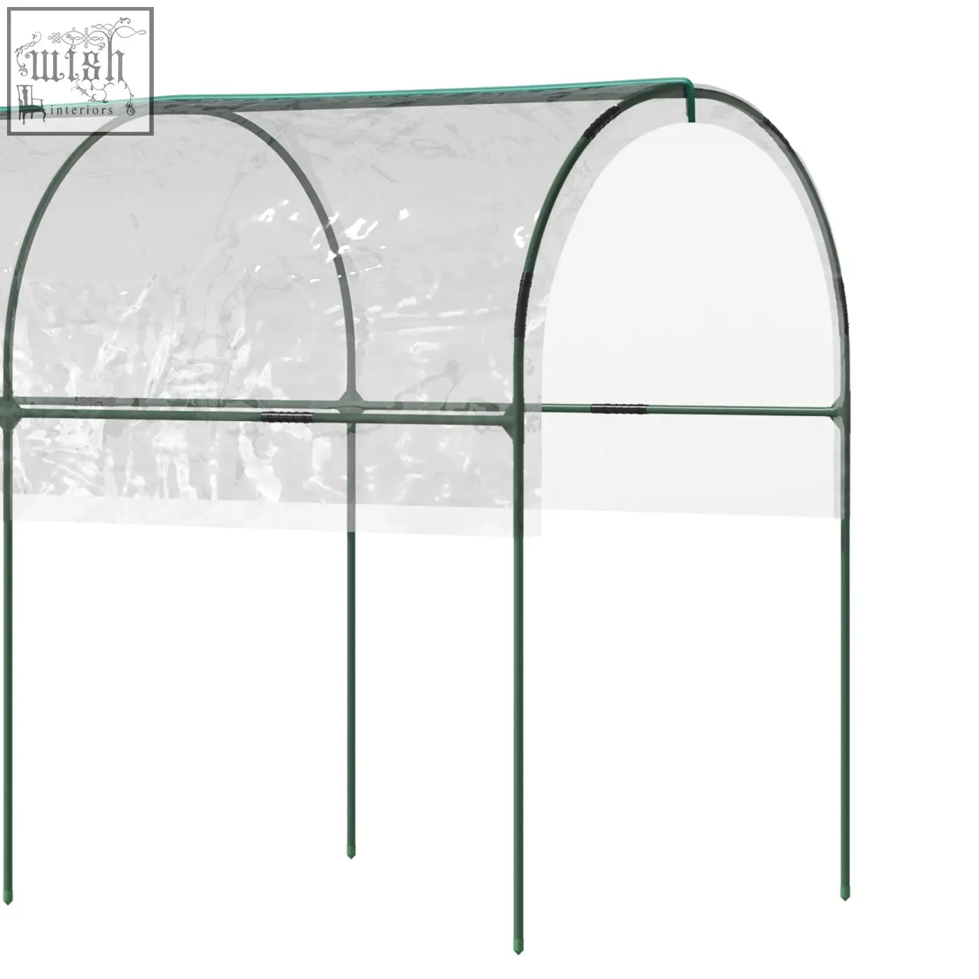 Green metal framed tomato greenhouse with clear plastic cover 4 hoops steel frame guy ropes for support