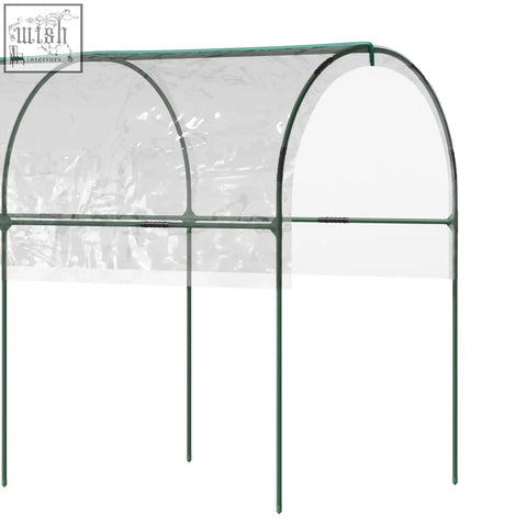 Green metal framed tomato greenhouse with clear plastic cover 4 hoops steel frame guy ropes for support