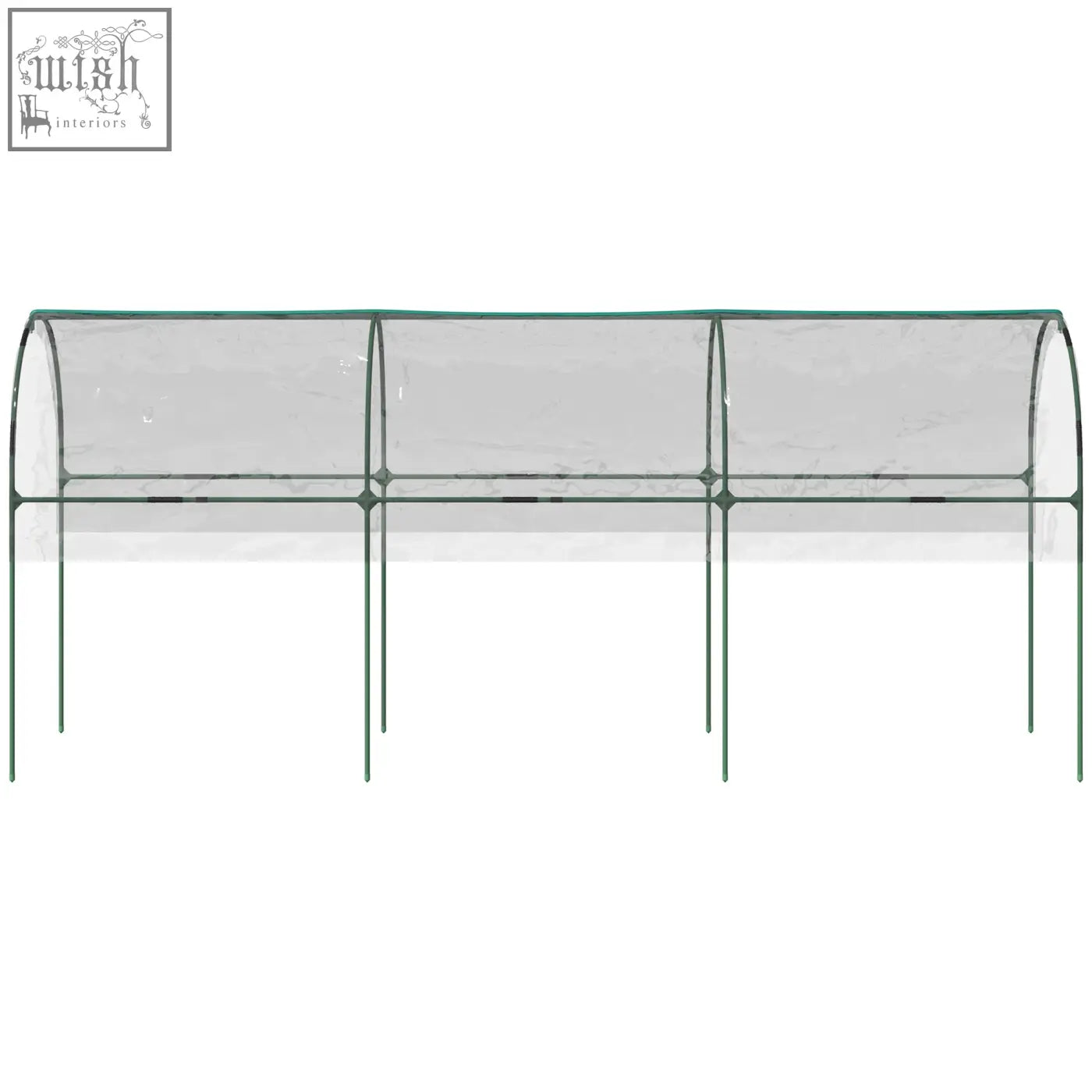 Green metal framed tomato greenhouse with steel frame, clear plastic panels, guy ropes, and 4 hoops