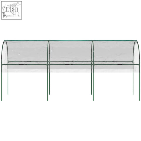 Green metal framed tomato greenhouse with steel frame, clear plastic panels, guy ropes, and 4 hoops