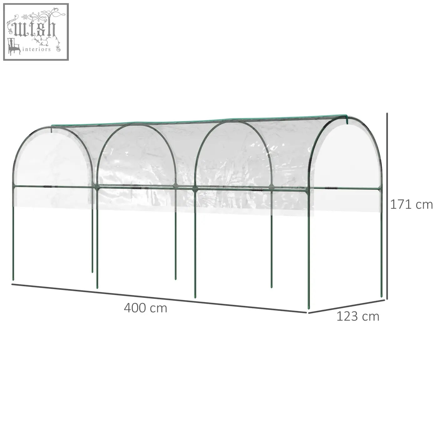 Clear plastic tomato greenhouse with green steel frame, 4 hoops, top tap, pointed bottom, and guy ropes