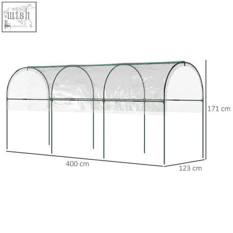 Clear plastic tomato greenhouse with green steel frame, 4 hoops, top tap, pointed bottom, and guy ropes