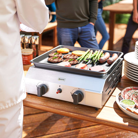 Outsunny two burner portable gas grill in silver and black with non-stick surface, two knobs, red ignition, and grease collection box