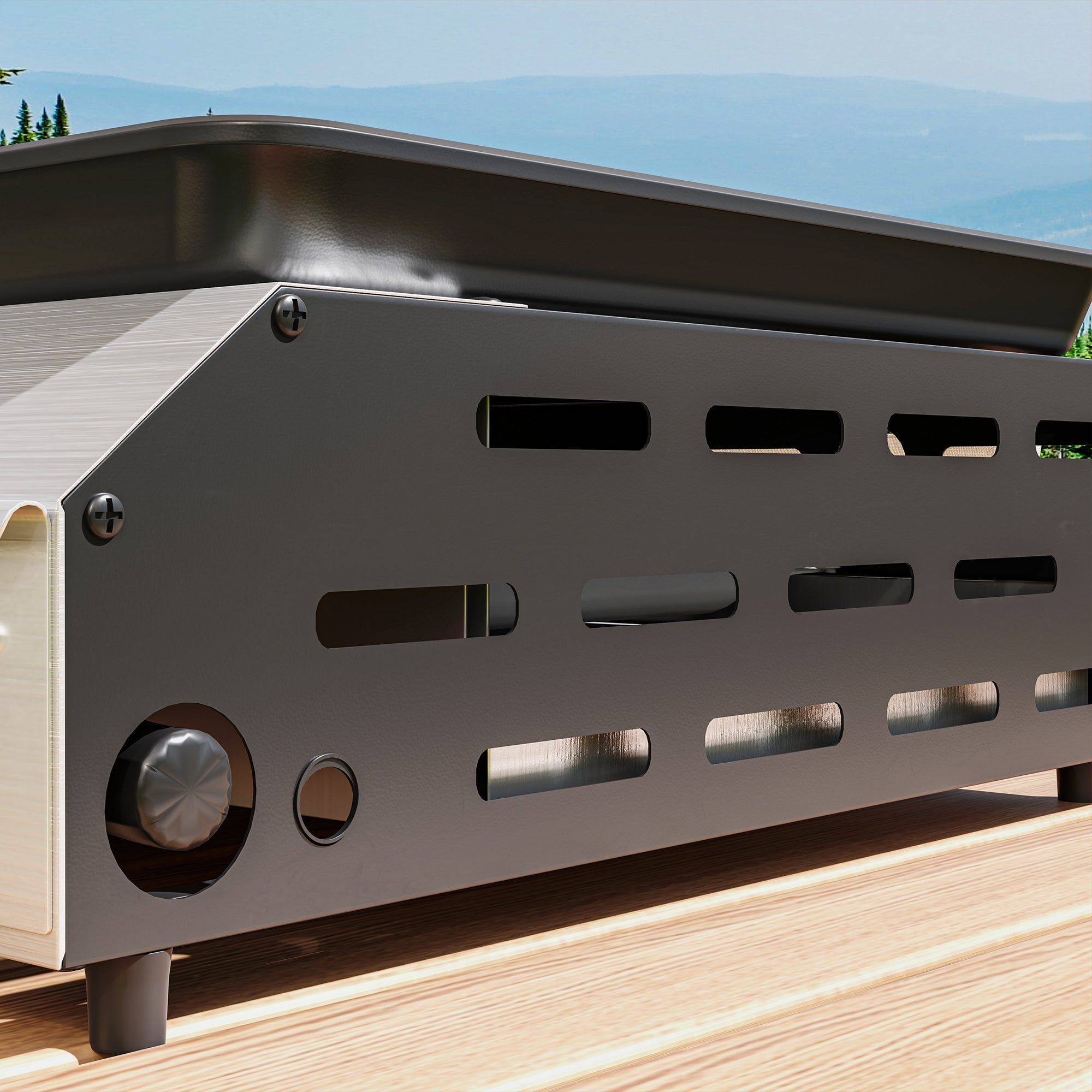 Outsunny two burner portable gas grill with black metal grill, sleek horizontal slits, circular knob, and grease collection box