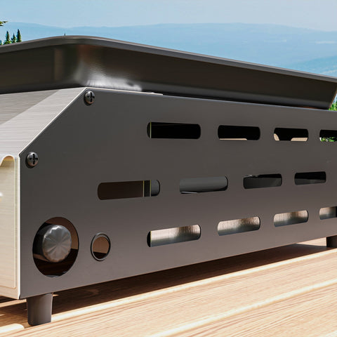 Outsunny two burner portable gas grill with black metal grill, sleek horizontal slits, circular knob, and grease collection box