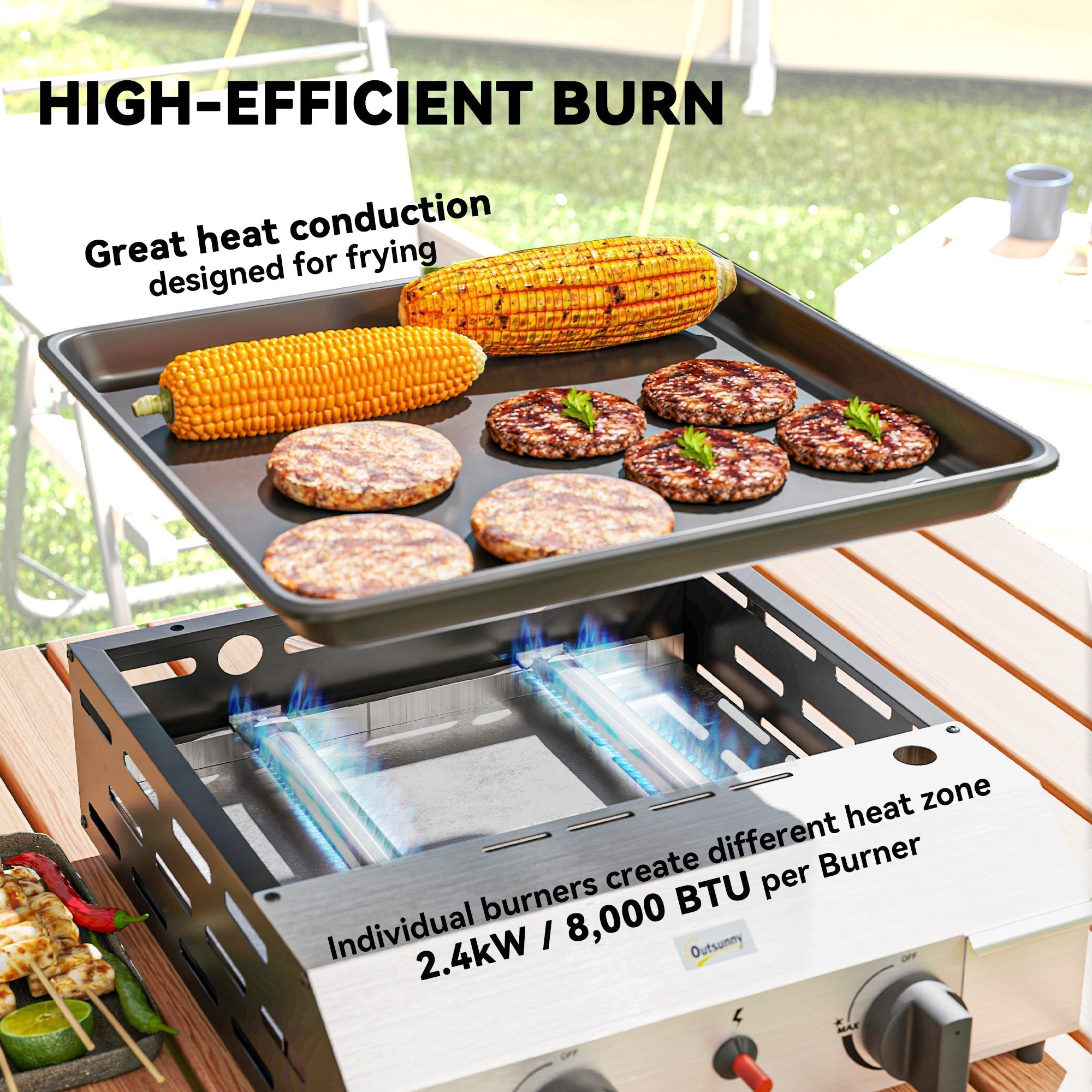 Black non-stick grilling tray with corn and burger patties on outsunny two burner gas grill with grease collection box