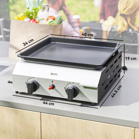 Outsunny two burner portable gas grill with silver and black metal body, grease collection box, two knobs, and electric ignition button