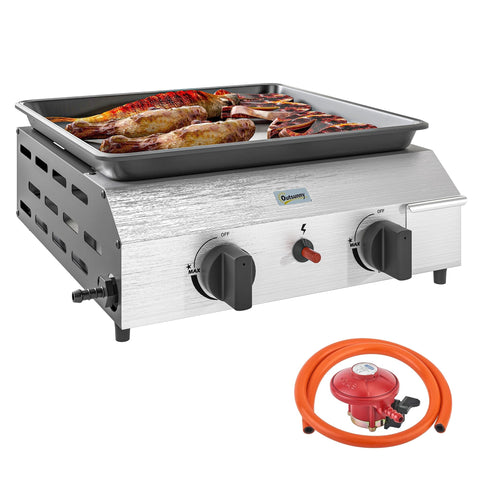 Outsunny two burner portable gas grill stainless steel with black knobs red propane regulator and grease collection box