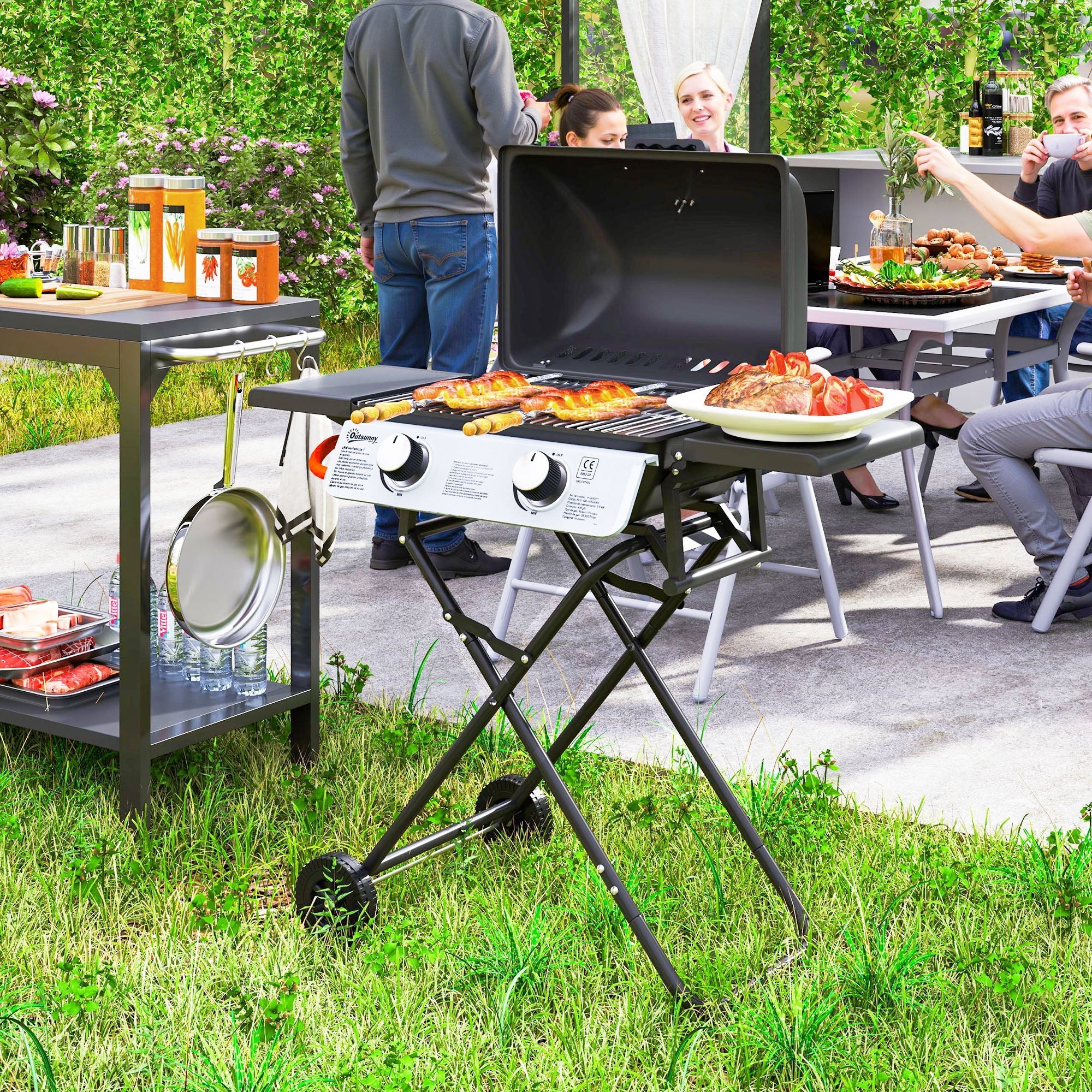 Outsunny two burner portable gas grill in black with stainless steel drip tray foldable stand and wheels for easy mobility