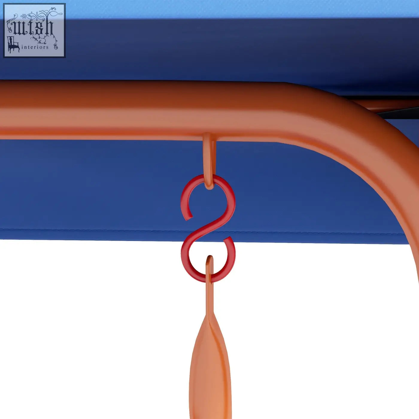 Red plastic s-shaped hook hanging from orange metal bar on outsunny cowboy themed kids swing chair with adjustable canopy