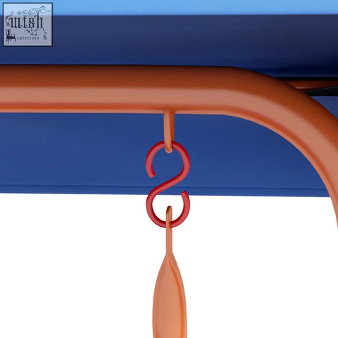 Red plastic s-shaped hook hanging from orange metal bar on outsunny cowboy themed kids swing chair with adjustable canopy